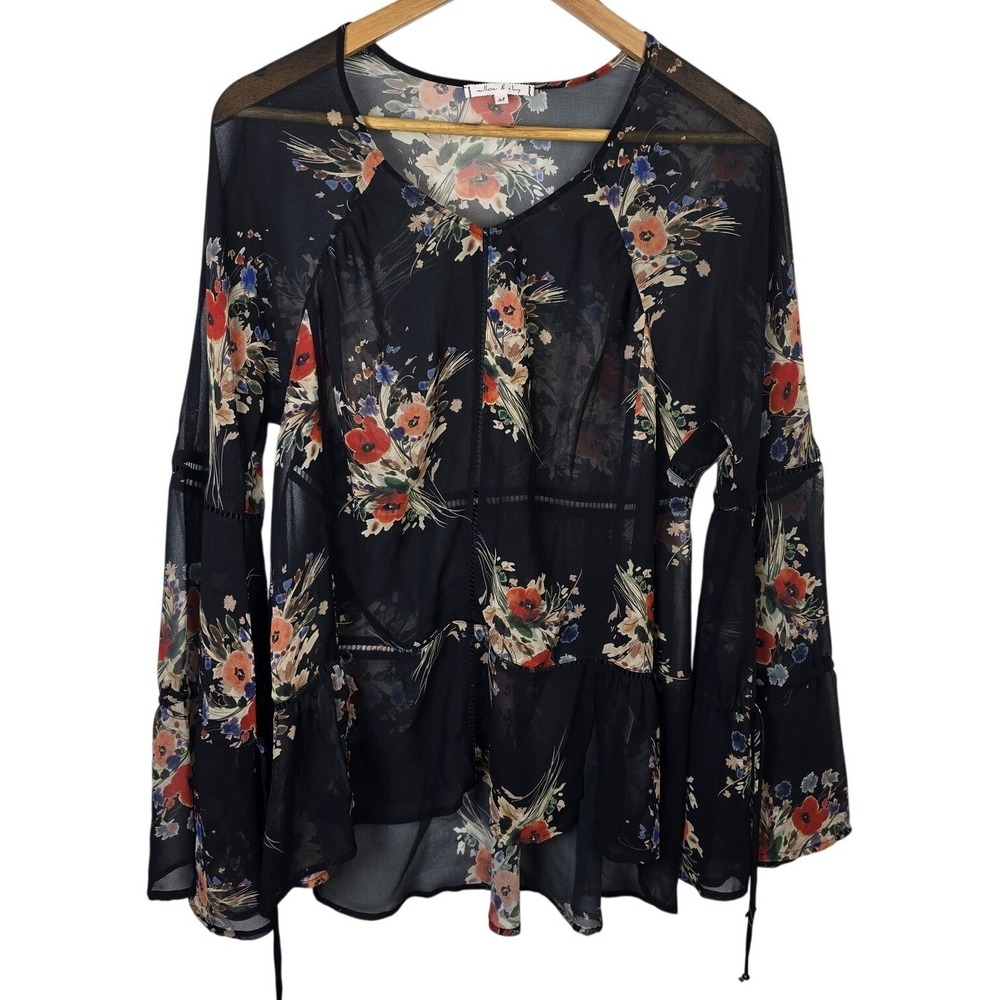 Willow & Clay Black Floral Print Sheer Bell Sleeve Peplum Blouse Top Womens M